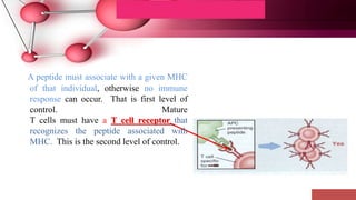 4. A peptide must associate with a given MHC
of that individual, otherwise no immune
response can occur. That is first level of
control. Mature
T cells must have a T cell receptor that
recognizes the peptide associated with
MHC. This is the second level of control.
 