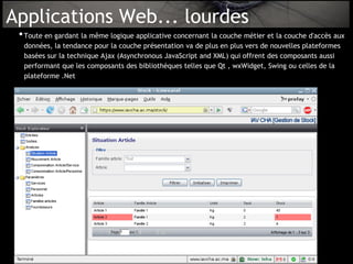 Applications Web... lourdes
 • Toute en gardant la même logique applicative concernant la couche métier et la couche d'accès aux
  données, la tendance pour la couche présentation va de plus en plus vers de nouvelles plateformes
  basées sur la technique Ajax (Asynchronous JavaScript and XML) qui offrent des composants aussi
  performant que les composants des bibliothèques telles que Qt , wxWidget, Swing ou celles de la
  plateforme .Net
 