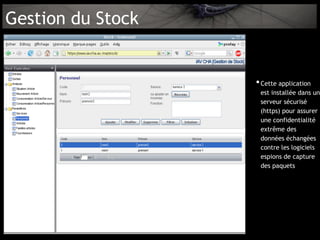 Gestion du Stock


                   • Cette application
                    est installée dans un
                    serveur sécurisé
                    (https) pour assurer
                    une confidentialité
                    extrême des
                    données échangées
                    contre les logiciels
                    espions de capture
                    des paquets
 