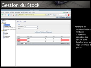 Gestion du Stock



                   • Exemple de
                    personnalisation d
                    rendu des
                    composants:
                    coloration des
                    cellules d'une
                    DataGrid selon une
                    règle spécifique de
                    gestion
 