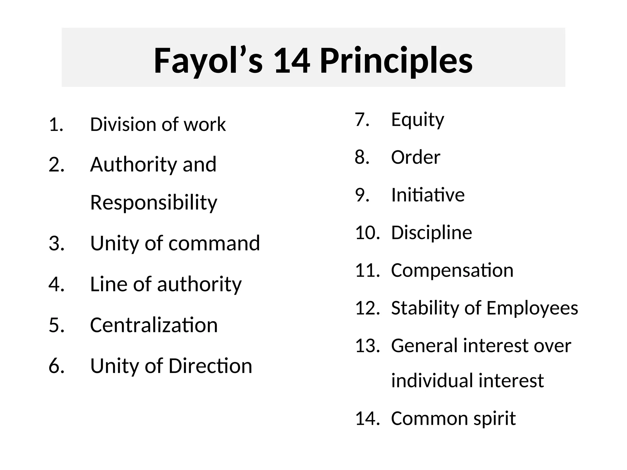 Fayol’s 14 Principles
1. Division of work
2. Authority and
Responsibility
3. Unity of command
4. Line of authority
5. Centralization
6. Unity of Direction
7. Equity
8. Order
9. Initiative
10. Discipline
11. Compensation
12. Stability of Employees
13. General interest over
individual interest
14. Common spirit
 
