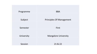 Programme BBA
Subject Principles Of Management
Semester First
University Mangalore University
Session 21 & 22
 