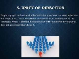 5. UNITY OF DIRECTION
People engaged in the same kind of activities must have the same objectives
in a single plan. This i...