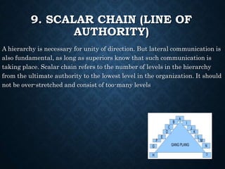 9. SCALAR CHAIN (LINE OF
AUTHORITY)
A hierarchy is necessary for unity of direction. But lateral communication is
also fun...