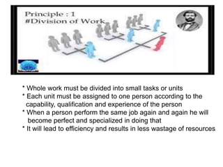 * Whole work must be divided into small tasks or units
* Each unit must be assigned to one person according to the
capability, qualification and experience of the person
* When a person perform the same job again and again he will
become perfect and specialized in doing that
* It will lead to efficiency and results in less wastage of resources
 