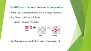 The Difference Between Solution & Suspensions:
 When the 2 substances totally mix it is called a solution.
 E.g. Solute + Solvent = Solution
(sugar) + (water) = Solution
 We then say sugar is soluble in water, it has dissolved.
 
