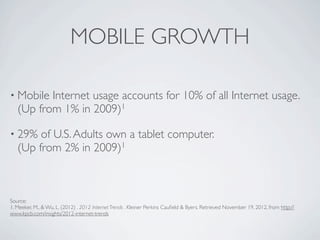 MOBILE GROWTH

• Mobile  Internet usage accounts for 10% of all Internet usage.
   (Up from 1% in 2009)1

• 29%   of U.S. Adults own a tablet computer.
   (Up from 2% in 2009)1



Source:
1. Meeker, M., & Wu, L. (2012) . 2012 Internet Trends . Kleiner Perkins Cauﬁeld & Byers. Retrieved November 19, 2012, from http://
www.kpcb.com/insights/2012-internet-trends
 