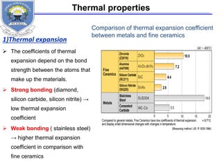 Thermal properties
1)Thermal expansion
 The coefficients of thermal
expansion depend on the bond
strength between the atoms that
make up the materials.
 Strong bonding (diamond,
silicon carbide, silicon nitrite) →
low thermal expansion
coefficient
 Weak bonding ( stainless steel)
→ higher thermal expansion
coefficient in comparison with
fine ceramics
Comparison of thermal expansion coefficient
between metals and fine ceramics
 