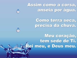 Assim como a corsa,
    anseia por água.

   Como terra seca,
   precisa da chuva.

       Meu coração,
     tem sede de Ti.
Rei meu, e Deus meu.
 
