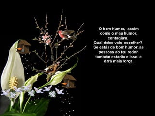 O bom humor, assim
    como o mau humor,
        contagiam.
Qual deles vais escolher?
Se estás de bom humor, as
   pessoas ao teu redor
 também estarão e isso te
      dará mais força.
 