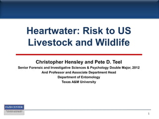 Heartwater: Risk to US Livestock and Wildlife Christopher Hensley and Pete D. Teel Senior Forensic and Investigative Sciences & Psychology Double Major, 2012 And Professor and Associate Department Head Department of Entomology Texas A&M University 1 
