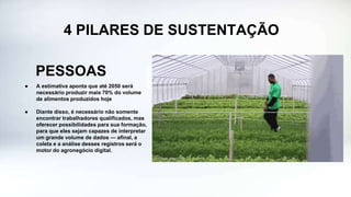 4 PILARES DE SUSTENTAÇÃO
PESSOAS
● A estimativa aponta que até 2050 será
necessário produzir mais 70% do volume
de alimentos produzidos hoje
● Diante disso, é necessário não somente
encontrar trabalhadores qualificados, mas
oferecer possibilidades para sua formação,
para que eles sejam capazes de interpretar
um grande volume de dados — afinal, a
coleta e a análise desses registros será o
motor do agronegócio digital.
 