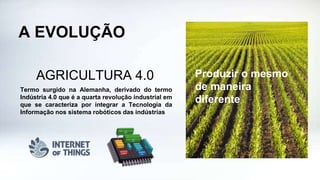 A EVOLUÇÃO
AGRICULTURA 4.0
Termo surgido na Alemanha, derivado do termo
Indústria 4.0 que é a quarta revolução industrial em
que se caracteriza por integrar a Tecnologia da
Informação nos sistema robóticos das indústrias
Produzir o mesmo
de maneira
diferente
 