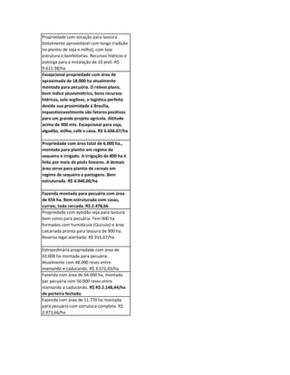 Propriedade com vocação para lavoura
(totalmente aproveitável com longa tradição
no plantio de soja e milho), com boa
estrutura e benfeitorias. Recursos hídricos e
outorga para a instalação de 10 pivô. R$
9.615.38/ha
Excepcional propriedade com área de
aproximada de 18.000 ha atualmente
montada para pecuária. O relevo plano,
bom índice pluviométrico, bons recursos
hídricos, solo argiloso, e logística perfeita
devido sua proximidade à Brasília,
inquestionavelmente são fatores positivos
para um grande projeto agrícola. Altitude
acima de 900 mts. Excepcional para soja,
algodão, milho, café e cana. R$ 6.666.67/ha

Propriedade com área total de 6.000 ha.,
montada para plantio em regime de
sequeiro e irrigado. A irrigação de 800 ha é
feita por meio de pivôs lineares. A demais
área serve para plantio de cereais em
regime de sequeiro e pastagens. Bem
estruturada. R$ 4.940,00/ha

Fazenda montada para pecuária com área
de 656 ha. Bem estruturada com casas,
currais, toda cercada. R$ 2.478,66
Propriedade com aptidão seja para lavoura
bem como para pecuária. Tem 900 ha
formados com humidícula (Quicuio) e área
calcariada pronta para lavoura de 900 ha.
Reserva legal averbada. R$ 916,67/ha

Extraordinária propriedade com área de
42.000 ha montada para pecuária.
Atualmente com 48.000 reses entre
mamando e caducando. R$ 3.571,43/ha
Fazenda com área de 64.000 ha, montada
par pecuária com 50.000 reses entre
mamando a caducando. R$ R$ 2.148,44/ha
de porteira fechada.
Fazenda com área de 11.770 ha montada
para pecuária com estrutura completa. R$
2.973,66/ha
 