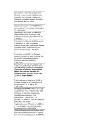 Fazenda bem estruturada para pecuária.
Corredor central com estradas de acesso,
piquetada, cerca elétrica, infra-estrutura
completa. Pastos bem cuidados, formados
para engorda. R$ 2.000,00/ha

Propriedade com área total de 18.126 ha,
com excelente infra-estrutura para pecuária.
R$ 1.986.10/ha
Fazenda para agricultura. Tem 3.800 ha
abertos para lavoura de sequeiro. Tem
armazém, secador, balança e barracão. R$
2.250,00/ha
Imóvel rural com área de 12.000 ha., sendo
a área aberta de 5.850 ha. Havendo
interesse grande parte poderá servir da área
disponível poderá ser aproveitada para
lavoura de sequeiro. R$ 1.350,00/ha

Imóvel com área de 2373 ha ideal para
pecuária. Estrutura de apóio completa. Boa
de recursos hídricos e de pastagens
formadas, bem como nativas. R$
1.306,36/ha
Excepcional propriedade localizada junto a
outros produtores de hortifrutigranjeiros,
oferecendo às indústrias alimentícias da
região, bem como aos mercados das
cidades próximas, produtos frescos e de
qualidade. R$ 10.769,23/ha

Propriedade aproximadamente 30.000 ha
montada para pecuária. O pasto formado
em brachiarão é de 24.000 ha. R$
1.666,67/ha
PROPRIEDADE COM ÁREA TOTAL DE 12.100
HA. MONTADA PARA PECUÁRIA. TEM 6050
HECTARES DE CULTURA, ENLEIRADOS,
GRADEADOS E FORMADOS COM
BRACHIARÃO E UMIDÍCULA, 2.420
HECTARES DE VARJÃO E 3.630 HECTARES DE
MATA. R$ 3.305,79/HA
Região de pecuária. A fazenda tem 3.191 ha
e é montada para cria, recria e engorda.
Estrutura completa. R$ 2.036 98
Propriedade bem localizada atividade mista.
Bem estruturada seja para recria e engorda
bem como lavoura de sequeiro. R$ 2.500 00
/ ha
 