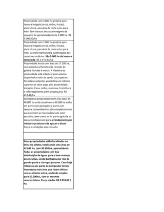 Propriedade com 3.000 ha própria para
lavoura irrigada (arroz, milho, frutas),
piscicultura, pecuária de corte e/ou para
leite. Tem lavoura de soja em regime de
sequeiro de aproximadamente 1.000 ha. R$
3.000,00/ha
Propriedade com 7.000 ha própria para
lavoura irrigada (arroz, milho, frutas),
piscicultura, pecuária de corte e/ou para
leite. Grande represa para sustentação dos
canais secundários. São 5.000 ha de lavoura
terraciada. R$ 3.571,43/ha
Propriedade bruta com área de 17.200 ha,
com cobertura florística de cerrado de
galeria fechada e matas. A madeira da
propriedade está intacta e pelo volume
disponível o valor da venda das espécies
florestais existentes possibilita um retorno
superior ao valor pago pela propriedade.
Vocação: Cana, milho, mamona, fruticiltura
e reflorestamento além de pecuária. R$
453,49/ha
Excepcional propriedade com área total de
48.000 ha onde atualmente 40.000 ha estão
em parte com pastagens e parte com
lavoura. As benfeitorias são completas tanto
para atender as necessidades do setor
pecuário, bem como as da parte agrícola. A
área está disponível para arrendamento por
indústria produtora de açúcar e álcool.
Preço e condições sob consulta




Essas propriedades estão localizadas na
beira do asfalto, totalizando uma área de
42.635 ha, com 30.104 ha. aproveitáveis.
Todas as propriedades com boa
distribuição de águas para o bom manejo
das mesmas, sendo banhadas por rios de
grande porte e córregos perenes. Caso haja
interesse por parte do comprador temos
levantadas mais área que fazem divisas
com as citadas acima, podendo ampliar
para 50.000ha., com as mesmas
características. Preço médio: R$ 2.251,67 /
ha.
 