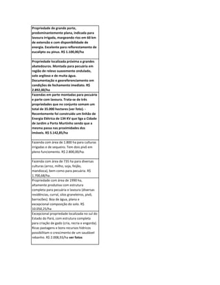 Propriedade de grande porte,
predominantemente plana, indicada para
lavoura irrigada, margeando rios em 60 km
de extensão e com disponibilidade de
energia. Excelente para reflorestamento de
eucalipto ou pinus. R$ 1.100,00/ha

Propriedade localizada próxima a grandes
abatedouros. Montada para pecuária em
região de relevo suavemente ondulado,
solo argiloso e de muita água.
Documentação e georeferenciamento em
condições de fechamento imediato. R$
2.892,00/ha
Fazendas em parte montadas para pecuária
e parte com lavoura. Trata-se de três
propriedades que no conjunto somam um
total de 35.000 hectares (ver foto). -
Recentemente foi construído um linhão de
Energia Elétrica de 134 KV que liga a Cidade
de Jardim a Porto Murtinho sendo que a
mesma passa nas proximidades dos
imóveis. R$ 5.142,85/ha

Fazenda com área de 1.800 ha para culturas
irrigadas e de sequeiro. Tem dois pivô em
pleno funciomento. R$ 2.800,00/ha.

Fazenda com área de 735 ha para diversas
culturas (arroz, milho, soja, feijão,
mandioca), bem como para pecuária. R$
1.700,68/ha.
Propriedade com área de 1990 ha,
altamente produtiva com estrutura
completa para pecuária e lavoura (diversas
residências, curral, silos graneleiros, pivô,
barracões). Boa de água, plana e
excepcional composição do solo. R$
10.050,25/ha
Excepcional propriedade localizada no sul do
Estado do Pará, com estrutura completa
para criação de gado (cria, recria e engorda).
Ricas pastagens e bons recursos hídricos
possibilitam o crescimento de um saudável
rebanho. R$ 2.008,93/ha ver fotos
 