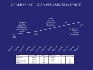 GRÁFICO EVOLUCÃO PESO SISTEMA CORTE




  LOCAL          DATA INICIAL   PESO (kg)   GMD (gr/dia)   DIAS   GANHO (kg)
  SEQUESTRO        30-jun-12       240        0,666
  PASTO            1-out-12        302        0,780        93         62
  CONFINAMENTO     30-abr-13       467        1,370        211       165
  ABATE            7-jun-13        519                     38         52
 