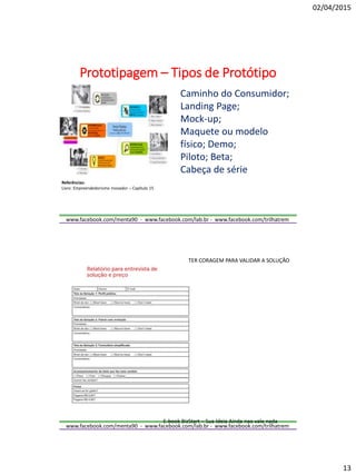 02/04/2015
13
www.facebook.com/menta90 - www.facebook.com/lab.br - www.facebook.com/trilhatrem
Prototipagem – Tipos de Protótipo
Caminho do Consumidor;
Landing Page;
Mock-up;
Maquete ou modelo
físico; Demo;
Piloto; Beta;
Cabeça de série
Referências:
Livro: Empreendedorismo Inovador – Capítulo 15
www.facebook.com/menta90 - www.facebook.com/lab.br - www.facebook.com/trilhatrem
E-book BizStart – Sua Ideia Ainda nao vale nada
TER CORAGEM PARA VALIDAR A SOLUÇÃO
 