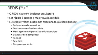 REDIS (™) *
• O REDIS cabe em qualquer arquitetura
• Ser rápido é apenas a maior qualidade dele
• Ele resolve vários problemas relacionados à escalabilidade
• Cacheamento lado servidor
• Controle de sessão de usuário
• Mensageria entre processos (microsserviço)
• Dashboard em tempo real
• Ranking
• Rate limit
• Geoprocessamento
 