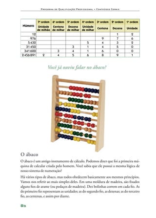 P ro g ra m a d e Q u a l i f i ca ç ã o P ro f i s s i o n a l • Co n te ú d o s G e ra i s




             7a ordem       6a ordem          5a ordem         4a ordem         3a ordem          2a ordem    1a ordem
 Número       Unidade Centena     Dezena   Unidade
                                                                                 Centena           Dezena     Unidade
             de milhão de milhar de milhar de milhar
        12                                                                                             1         2
       976                                                                            9                7         6
     5 432                                                           5                4                3         2
    31 450                                         3                 1                4                5         0
   341 600                        3                4                 1                6                0         0
 2 456 891       2                4                5                 6                8                9         1


                      Você já ouviu falar no ábaco?




O ábaco
O ábaco é um antigo instrumento de cálculo. Podemos dizer que foi a primeira má‑
quina de calcular criada pelo homem. Você sabia que ele possui a mesma lógica de
nosso sistema de numeração?
Há vários tipos de ábaco, mas todos obedecem basicamente aos mesmos princípios.
Vamos nos referir ao mais simples deles. Em uma moldura de madeira, são fixados
alguns fios de arame (ou pedaços de madeira). Dez bolinhas correm em cada fio. As
do primeiro fio representam as unidades; as do segundo fio, as dezenas; as do terceiro
fio, as centenas, e assim por diante.

82
 