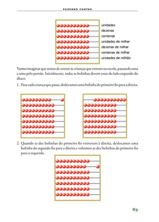 f a z e n d o c o n ta s




                                                            unidades
                                                            dezenas
                                                            centenas
                                                            unidades de milhar
                                                            dezenas de milhar
                                                            centenas de milhar
                                                            unidades de milhão


Vamos imaginar que temos de contar as crianças que entram na escola, passando uma
a uma pelo portão. Inicialmente, todas as bolinhas devem estar do lado esquerdo do
ábaco.
1.	Para cada criança que passa, deslocamos uma bolinha do primeiro fio para a direita.




2.	Quando as dez bolinhas do primeiro fio estiverem à direita, deslocamos uma
   bolinha do segundo fio para a direita e voltamos as dez bolinhas do primeiro fio
   para a esquerda.




                                                                                  83
 