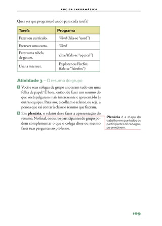 a b c d a i n f o r m Á T ICA




Quer ver que programa é usado para cada tarefa?

 Tarefa                       Programa
 Fazer seu currículo.          Word (fala‑se “uord”)
 Escrever uma carta.           Word
 Fazer uma tabela
                               Excel (fala‑se “equicel”)
 de gastos.
                               Explorer ou Firefox
 Usar a internet.
                               (fala‑se “fairefox”)


Atividade 3 – O resumo do grupo
1   	Você e seus colegas de grupo anotaram tudo em uma
     folha de papel? É hora, então, de fazer um resumo do
     que vocês julgaram mais interessante e apresentá‑lo às
     outras equipes. Para isso, escolham o relator, ou seja, a
     pessoa que vai contar à classe o resumo que fizeram.
2 	Em    plenária, o relator deve fazer a apresentação do
    resumo. No final, os outros participantes do grupo po‑       Plenária é a etapa do
                                                                 trabalho em que todos os
    dem complementar o que o colega disse ou mesmo               participantes de cada gru‑
    fazer suas perguntas ao professor.                           po se reúnem.




                                                                                    109
 