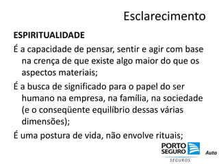 EsclarecimentoESPIRITUALIDADEÉ a capacidade de pensar, sentir e agir com base na crença de que existe algo maior do que os aspectos materiais; É a busca de significado para o papel do ser humano na empresa, na família, na sociedade (e o conseqüente equilíbrio dessas várias dimensões); É uma postura de vida, não envolve rituais; 