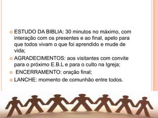 ESTUDO DA BIBLIA: 30 minutos no máximo, com
interação com os presentes e ao final, apelo para
que todos vivam o que foi aprendido e mude de
vida;
 AGRADECIMENTOS: aos visitantes com convite
para o próximo E.B.L e para o culto na Igreja;
 ENCERRAMENTO: oração final;
 LANCHE: momento de comunhão entre todos.


 