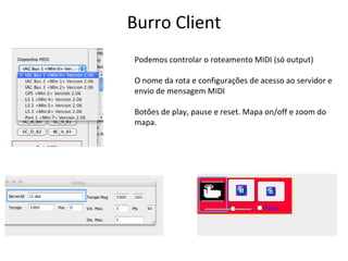 Burro Client Podemos controlar o roteamento MIDI (só output) O nome da rota e configurações de acesso ao servidor e envio de mensagem MIDI Botões de play, pause e reset. Mapa on/off e zoom do mapa. 