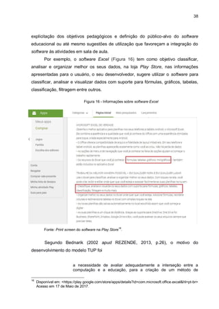 38
explicitação dos objetivos pedagógicos e definição do público-alvo do software
educacional ou até mesmo sugestões de utilização que favoreçam a integração do
software às atividades em sala de aula.
Por exemplo, o software Excel (Figura 16) tem como objetivo classificar,
analisar e organizar melhor os seus dados, na loja Play Store, nas informações
apresentadas para o usuário, o seu desenvolvedor, sugere utilizar o software para
classificar, analisar e visualizar dados com suporte para fórmulas, gráficos, tabelas,
classificação, filtragem entre outros.
Figura 16 - Informações sobre software Excel
Fonte: Print screen do software na Play Store16
.
Segundo Bednarik (2002 apud REZENDE, 2013, p.26), o motivo do
desenvolvimento do modelo TUP foi
a necessidade de avaliar adequadamente a interseção entre a
computação e a educação, para a criação de um método de
16
Disponível em: <https://play.google.com/store/apps/details?id=com.microsoft.office.excel&hl=pt-br>
O!Acesso em 17 de Maio de 2017.
 
