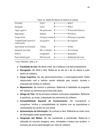 44
Figura 19 - Modelo de Reeves de interface do software
Fonte: FRESCKY, 2008, p.16
● Facilidade de Uso: De difícil a fácil. Se o software é de fácil entendimento.
● Navegação: De difícil a fácil. Refere-se ao ato de ir de um tópico a outro
dentro do software.
● Carga Cognitiva: De não gerenciável/confusa a intuitiva/gerenciável. Estão
relacionados com o esforço mental realizado pelo usuário, durante a
execução das tarefas no software.
● Mapeamento: De nenhum a poderoso. Referente à habilidade do programa
em rastrear os caminhos percorridos pelo aluno.
● Design de Tela: Vai de princípios violados a princípios respeitados. Referente
à aparência, ao visual, à disposição dos elementos do software.
● Compatibilidade Espacial do Conhecimento: De incompatível a
compatível. Verifica a compatibilidade do sistema com as expectativas e
necessidades do usuário em sua tarefa.
● Apresentação da Informação: De confusa a clara. Referente ao modo como
as informações estão apresentadas.
● Integração das Mídias: De não coordenada a coordenada. Refere-se a
utilização de recursos (imagens, sons, animações e textos) que auxiliam o
processo de ensino-aprendizagem por meio do software.
 