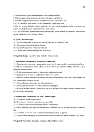 83
9.1 As mensagens de erros são expressas em linguagem simples.
9.2 As mensagens de erros indicam precisamente qual é o problema.
9.3 Cada mensagem proporciona um procedimento para a correção do erro.
9.4 O procedimento para 'corrigir um erro é específico, rápido e eficiente.
9.5 Se um erro de digitação (dados) resulta em um erro, não é necessário digitar o comando por
inteiro, mas de preferência reparar somente a parte errada.
9.6 O site proporciona uma rápida mudança de ação pela qual é possível, por exemplo, disponibilizar
ambos Desfazer (Undo) e Refazer (Redo).
10 Ajuda e documentação
10.1 Eu acho os recursos de ajuda, tais como ajuda online e o glossário, úteis.
10.2 Os recursos de ajuda são fáceis de usar.
10.3 Eu acho fácil procurar pela ajuda solicitada.
10.4 Os links para outras fontes são de g:'.mdc auxílio.
Categoria 2: Design específico para websites educacionais
11 Simplicidade de navegação, organização e estrutura
11.1 Eu sempre sei onde estou e quais opções seguir, isto é, o que concluí e o que ainda devo fazer.
11.2 Não há a necessidade de ter o Menu do Curso desde que eu tenha o Mapa do Curso, o qual
satisfaz à mesma proposta.
11.3 O site sempre direciona para os documentos e páginas corretas,
11.4 Eu gostaria de ter Iinks às seções dentro da mesma página.
11.5 As cores para os links são consistentes com as convenções Web, isto é, links não visitados em
azul e os visitados em verde ou roxo.
11.6 Informações correlacionadas são colocadas juntas.
11.7 Informações importantes são colocadas no topo da página.
11.8 A função de rolar páginas é minimizada, isto é, eu não tenho rolar várias páginas para encontrar
as informações requisitadas.
12 Relevância do conteúdo do site para a aprendizagem
12.1 O conteúdo mantém-me engajado.
12.2 O conteúdo é relevante ao que deve ser aprendido.
12.3 O conteúdo está no nível apropriado de meu entendimento.
12.4 Estão definidos quais são os materiais estão protegidos por leis de direito autoral e quais não
são.
12.5 O material no site não possui preconceitos raciais ou quanto ao gênero.
12.6 Eu gostaria de ver as gravações das minhas atividades, tais como, visitas feitas em cada página.
Categoria 3: Heurísticas de design instrucional centrado no aluno
 