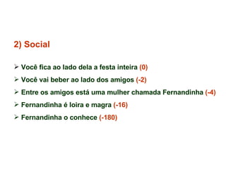 2) Social Você fica ao lado dela a festa inteira  (0) Você vai beber ao lado dos amigos  (-2) Entre os amigos está uma mulher chamada Fernandinha  (-4) Fernandinha é loira e magra  (-16) Fernandinha o conhece  (-180) 