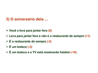 3) O aniversário dela ... Você a leva para jantar fora  (0) Leva para jantar fora e não é o restaurante de sempre  (+1) É o restaurante de sempre  (-2) É um boteco  (-3) É um boteco e a TV está mostrando futebol  (-10) 