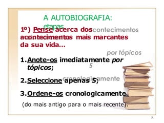 A AUTOBIOGRAFIA:
etapas
1º) Pense acerca dos
acontecimentos mais marcantes
da sua vida…
1.Anote-os imediatamente por
tópicos;
2.Seleccione apenas 5;
3.Ordene-os cronologicamente
(do mais antigo para o mais recente).
7
 