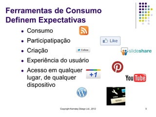 Ferramentas de Consumo
Definem Expectativas
   l   Consumo
   l   Participatipação
   l   Criação
   l   Experiência do usuário
   l   Acesso em qualquer
       lugar, de qualquer
       dispositivo


                   Copyright Kemsley Design Ltd., 2012   5
 