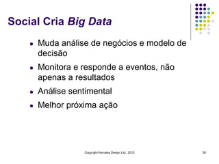 Social Cria Big Data
    l   Muda análise de negócios e modelo de
        decisão
    l   Monitora e responde a eventos, não
        apenas a resultados
    l   Análise sentimental
    l   Melhor próxima ação




                   Copyright Kemsley Design Ltd., 2012   50
 