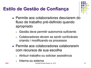Estilo de Gestão de Confiança
       l   Permite aos colaboradores desviarem do
           fluxo de trabalho pré-definido quando
           apropriado
           l   Gestão deve permitir autonomia suficiente
           l   Colaboradores devem se sentir conforáveis
               criando / modificando os processos
       l   Permite aos colaboradores colaborarem
           com recursos de sua escolha
           l   Atribuir trabalho ou solicitar assistência
           l   Interna ou externa
 NEW                       Copyright Kemsley Design Ltd., 2012   54
 