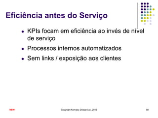 Eficiência antes do Serviço
       l   KPIs focam em eficiência ao invés de nível
           de serviço
       l   Processos internos automatizados
       l   Sem links / exposição aos clientes




 NEW                   Copyright Kemsley Design Ltd., 2012   58
 