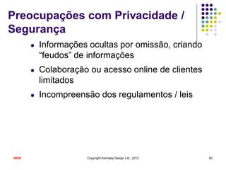 Preocupações com Privacidade /
Segurança
      l   Informações ocultas por omissão, criando
          “feudos” de informações
      l   Colaboração ou acesso online de clientes
          limitados
      l   Incompreensão dos regulamentos / leis




NEW                  Copyright Kemsley Design Ltd., 2012   60
 