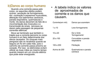b)Danos ao corpo humano                    • A tabela indica os valores
  Quando uma corrente passa pelo
corpo, os seguintes efeitos podem            de aproximados de
ocorrer: sensação de formigamento,
dor, contração e espasmos musculares,
                                             corrente e os danos que
alteração nos batimentos cardíacos,          causam.
parada respiratória, queimaduras e
morte. Os danos decorrem do fato de a       Corrente(em mA)   Danos que acarretam
movimentação dos músculos e a
transmissão de sinais nervosos se
darem pela passagem de pequenas             1 a 10            Leve formigamento
correntes elétricas.
  Deve ser lembrado que também o            10 a 20           Dor e forte
trajeto que a corrente percorre no corpo                      ‘formigamento’
humano é um fator determinante dos          20 a 100          Convulsões e parada
danos causados. Os choques mais                               respiratória
perigosos são os recebidos quando se
segura um fio em cada mão, pois o
caminho da corrente passa próximo ao        100 a 200         Fibrilação
coração. Por isso os eletricistas evitam
utilizar as duas mãos ao mesmo tempo        Acima de 200      Queimaduras e parada
quando mexem em um circuito elétrico                          cardíaca
que pode estar energizado.
 