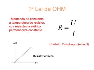 1ª Lei de OHM
 Mantendo-se constante
a temperatura do resistor,            U
sua resistência elétrica
permanecera constante.             R=
                                      i
                             Unidade: Volt/Ampere(ohm,Ω)


                 Resistor ôhmico
 
