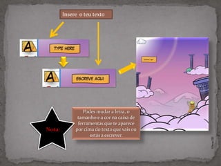 Insere o teu texto




                 Podes mudar a letra, o
              tamanho e a cor na caixa de
              ferramentas que te aparece
Nota:        por cima do texto que vais ou
                    estás a escrever.




                                             ©Theras 2012
 
