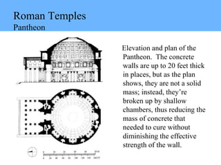 Roman Temples
Pantheon
Elevation and plan of the
Pantheon. The concrete
walls are up to 20 feet thick
in places, but as the plan
shows, they are not a solid
mass; instead, they’re
broken up by shallow
chambers, thus reducing the
mass of concrete that
needed to cure without
diminishing the effective
strength of the wall.
 