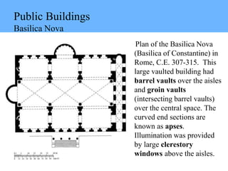 Public Buildings
Basilica Nova
Plan of the Basilica Nova
(Basilica of Constantine) in
Rome, C.E. 307-315. This
large vaulted building had
barrel vaults over the aisles
and groin vaults
(intersecting barrel vaults)
over the central space. The
curved end sections are
known as apses.
Illumination was provided
by large clerestory
windows above the aisles.
 