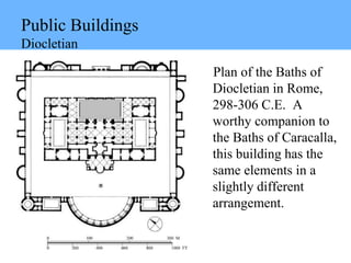 Public Buildings
Diocletian
Plan of the Baths of
Diocletian in Rome,
298-306 C.E. A
worthy companion to
the Baths of Caracalla,
this building has the
same elements in a
slightly different
arrangement.
 