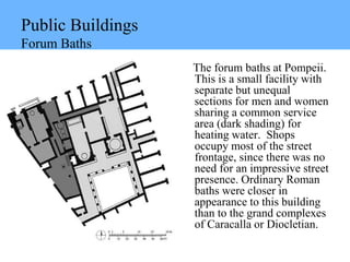 Public Buildings
Forum Baths
The forum baths at Pompeii.
This is a small facility with
separate but unequal
sections for men and women
sharing a common service
area (dark shading) for
heating water. Shops
occupy most of the street
frontage, since there was no
need for an impressive street
presence. Ordinary Roman
baths were closer in
appearance to this building
than to the grand complexes
of Caracalla or Diocletian.
 