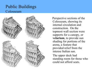 Public Buildings
Colosseum
Perspective sections of the
Colosseum, showing its
internal circulation and
construction. On the
topmost wall section were
supports for a canopy, or
velarium, to provide sun
shading for portions of the
arena, a feature that
provided relief from the
intense Italian sun.
The upper deck had
standing room for those who
could not afford seats.
 