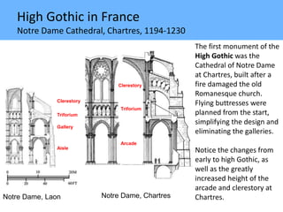 High Gothic in France
Notre Dame Cathedral, Chartres, 1194-1230
The first monument of the
High Gothic was the
Cathedral of Notre Dame
at Chartres, built after a
fire damaged the old
Romanesque church.
Flying buttresses were
planned from the start,
simplifying the design and
eliminating the galleries.
Notice the changes from
early to high Gothic, as
well as the greatly
increased height of the
arcade and clerestory at
Chartres.Notre Dame, ChartresNotre Dame, Laon
Clerestory
Triforium
Arcade
Gallery
Triforium
Clerestory
Aisle
 